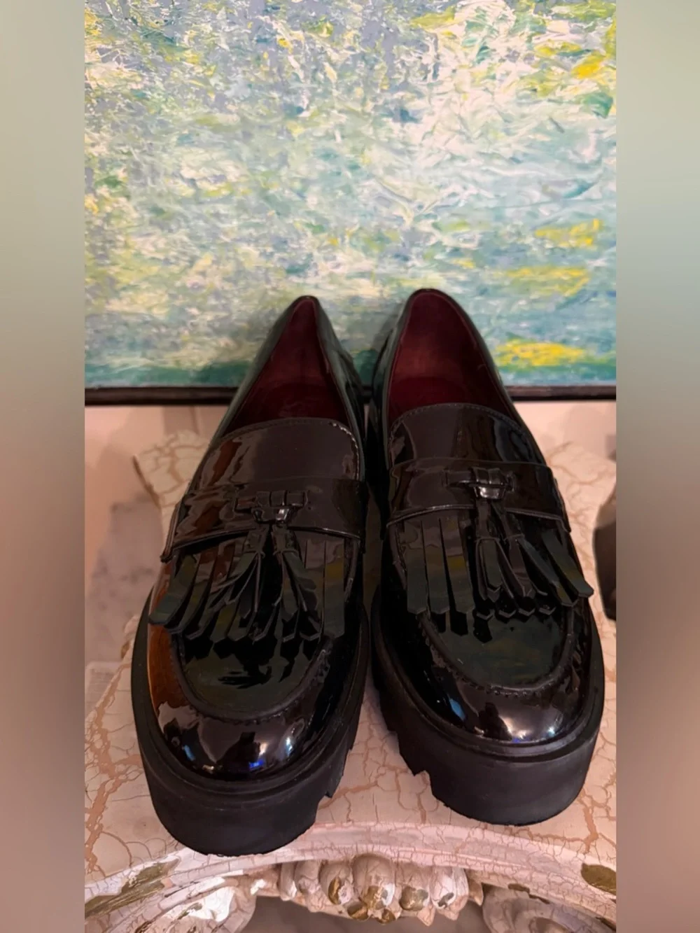 Franco Sarto Black Patent Kiltie Tassel Loafers